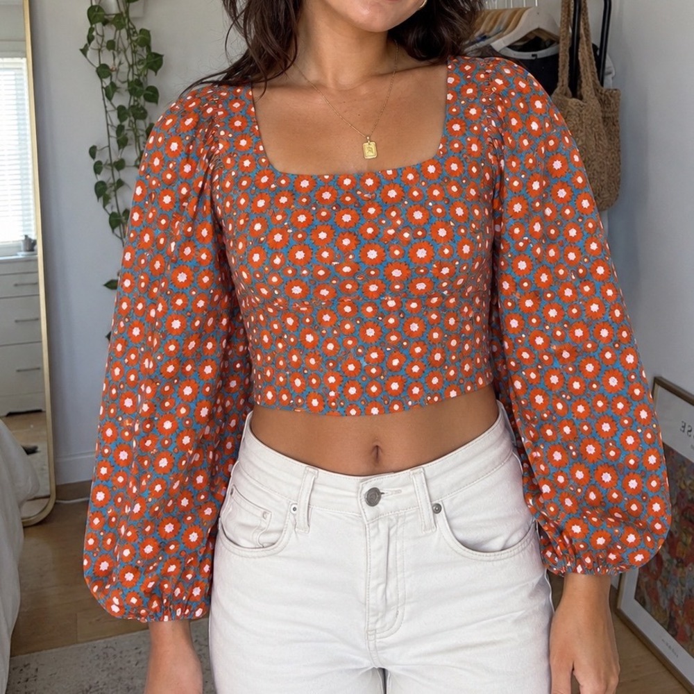 STAUD Floral Daisy balloon Sleeve Square Neck Blouse Top orange blue 0 Groovy